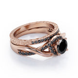 Filigree Tension-Halo 1.5 TCW Round Shape Lab Created Black Diamond Twisted Half Pave Wedding Set in White Gold