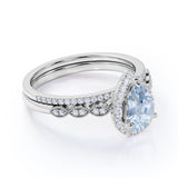 Antique Vintage 1.50 Carat Pear cut Art Deco Halo Engagement Ring with Aquamarine and Diamond for Her in White Gold