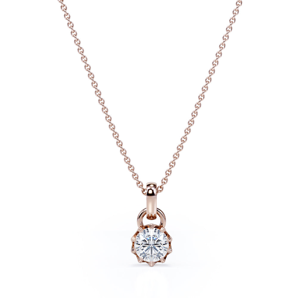 Petite Starburst 1 Carat Round Certified Moissanite Hidden Milgrain Pendant Necklace in Yellow Gold