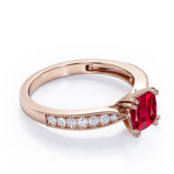 Beaded Eight Prongs 1.25 Carat Cushion Cut Lab-Created Ruby And Diamond Antique Milgrain Engagement Ring In Rose Gold