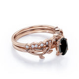 1.25 ct Oval Lab Black Diamond Vintage Leaf Bridal Set