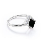 Geometric 1.15 Carat Princess Cut Lab Black Diamond and 2 Stone Contour Engagement Ring in White Gold