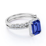 Classic Halo 2 Carat Emerald Cut Sapphire and Diamond Wedding Set with Art Deco Band in White Gold