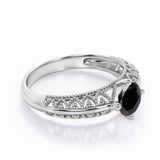 Beaded Four Prong 1 Carat Round Cut Black Diamond Solitaire Vintage Engagement Ring In White Gold