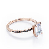 Four Prong - 1.25 TCW Emerald Cut Moissanite with Lab Created Black Diamond - Engagement Ring with Pave Accents in White Gold