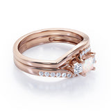 3 Stone Shared Prong - 1 TCW Princess Cut Opal and Moissanite - Pave Curved Shank Wedding Set - White Gold