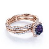 Eternity 2 Carat Cushion Cut Lab Alexandrite and Diamond Infinity Halo Bridal Set Rings for Her