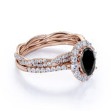 Infinity Artdeco 2 Carat Oval cut Lab Black Diamond Wedding Bridal Ring Set in Rose Gold