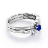 Mini Channel Design 0.5 TCW Round Cut Blue Sapphire and Moissanite Six-Prong Bridal Ring Set in White Gold