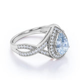 Infinity 2 Carat Pear Cut Aquamarine and Moissanite Engagement Ring in 18k White Gold over Silver
