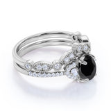 Exquisite Art Deco 1.75 Carat Oval cut Lab Black Diamond with Pearls Wedding Ring Set in Rose Gold