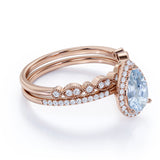 Halo 1.75 ct Pear Aquamarine Art Deco Wedding Ring Set