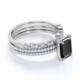 Unique 1.75 Carat Emerald cut Lab Black Diamond Trio Wedding Ring Set in White Gold for Her