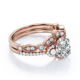 Unique 1.25 carat Oval Moissanite, Pearl and Diamond Vintage Wedding Ring Set in White Gold