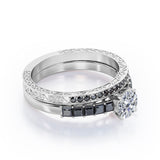 Art Deco Milgrain-Bezel 1.55 TCW Round Shaped Moissanite with Lab Created Black Diamond Shared-Prong Wedding Ring Set in Yellow Gold