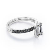 4-Prong Setting 1.65 TCW Emerald Cut Moissanite with Lab Created Black Diamond Wedding Set with Pave Accents in White Gold
