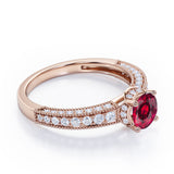 Classic Four Prong 1.45 Carat Round Cut Lab Ruby And Diamond Vintage Milgrain Engagement Ring In White Gold