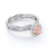 2 Carat Round cut Morganite and Diamond antique art deco Wedding Ring set in 10k Rose Gold