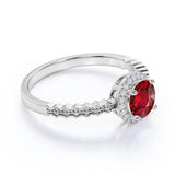 Pave Set 1.50 Carat Round Cut Lab Ruby and Diamond Halo Engagement Ring in White Gold
