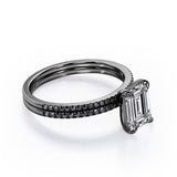 4-Prong Setting 1.65 TCW Emerald Cut Moissanite with Lab Created Black Diamond Wedding Set with Pave Accents in White Gold