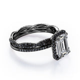 Crossover with Pave Accents - 1.75 TCW Emerald Cut Moissanite with Lab Created Black Diamond - Halo Bridal Ring Set in White Gold