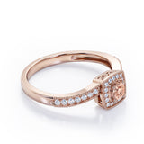 Flush-Prong Halo 1.25 Carat Round Cut Morganite and diamond Milgrain-Edged Pave Channel Engagement Ring in Rose Gold
