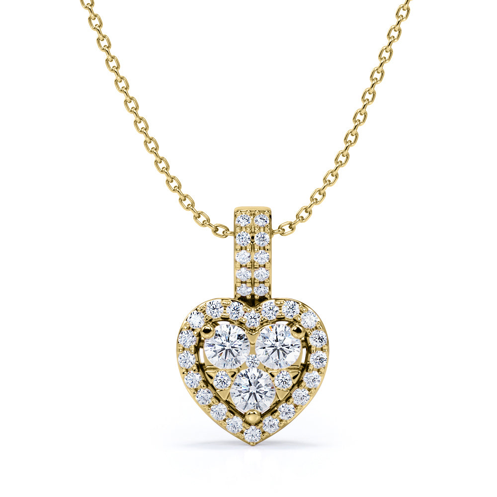Three Stone 0.40 Carat Round Cut Moissanite and Diamond Heart Shaped Pendant Necklace In White Gold