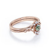 Heart Split Shank 0.6 carat Round Moss Green Agate and Moissanite Wedding Set in White Gold