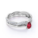 Stylish Prong Solitaire 1.25 Carat Pear Cut Lab Ruby and Diamond Infinity Wedding Ring Set in White Gold
