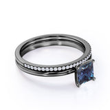 4 Prong Solitaire 1.25 Carat Princess Cut Simulated Alexandrite and Diamond Pave Bridal Set Rings