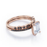 Milgrain Filigree - 1.55 TCW Emerald Cut Moissanite with Lab Created Black Diamond - Pave Accented Bridal Ring Set  in White Gold