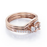 3 Stone Shared Prong - 1 TCW Princess Cut Morganite and Moissanite - Pave Curved Shank Wedding Set - Rose Gold