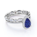 Vintage Pave Set 2.25 Carat Pear Cut Sapphire and Diamond Halo Wedding Set with Art Deco Eternity Band in White Gold