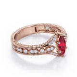 Beaded Framed 1.25 Carat Marquise Cut Lab Ruby And Diamond Vintage Filigree Engagement Ring In White Gold