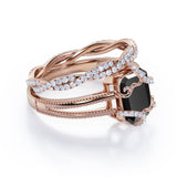 Artdeco scalloped 1.50 Carat Lab Black Diamond Wedding Ring Set for Women in Rose Gold