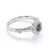 Tapered Shank 1 Carat Round Cut Natural Salt and Pepper Diamond Sunflower Halo Engagement Ring in 10k White Gold