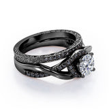 Filigree Tension-Halo 1.5 TCW Round Shape Moissanite with Lab Created Black Diamond Twisted Half Pave Wedding Set in Black Gold