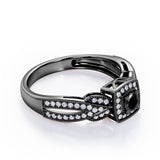 Extravaganza Milgrain Bordered - 1.45 Carat Round Brilliant Cut Black Diamond - Halo Pave Channel Engagement Ring in White Gold