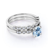 Art Deco 1.50 ct Round Aquamarine Bridal Ring Set