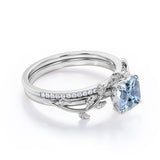 1.25 Carat Cushion Cut Aquamarine And Diamond Nature-Inspired Wedding Ring Set in White Gold