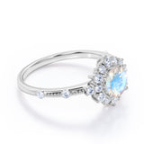 Snowflake Inspired 0.6 carat Round Moonstone and Moissanite Engagement Ring in Black Gold