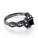 Twisted Beaded 1.15 Carat Princess Cut Black Diamond Infinity Style Engagement Ring In White Gold