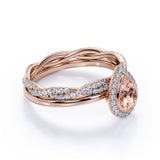 Classic Pave 1.75 Carat Pear Shape Morganite and Diamond Halo Bridal Set with Infinity Band in White Gold
