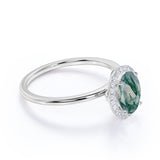 Modern Simple Solitaire 1.75 Carat Oval Cut Cloudy Milky White Moss Green Agate and Diamond Halo Engagement Ring in Rose Gold for Her
