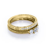 1.25 Carat Round Cut Near Colorless Moissanite And Diamond Three Stone Wedding Ring Set In White Gold