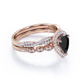 1.25 ct Pear Lab Black Diamond Art Deco Wedding Ring Set