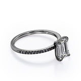 Four Prong - 1.25 TCW Emerald Cut Moissanite with Lab Created Black Diamond - Engagement Ring with Pave Accents in White Gold