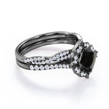 1.50 carat cushion cut Black Diamond infinity bridal set in white gold