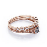 Antique Intricate Leaf Design 1.50 Carat Round Solid Dendritic Black Rutilated Quartz and Diamond Filigree Art Deco Band Wedding Ring Sets - Bridal Set Rings