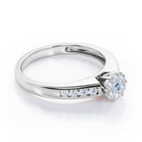 Clustered 1 carat Round Petite Aquamarine and Moissanites Channel Engagement Ring in White Gold